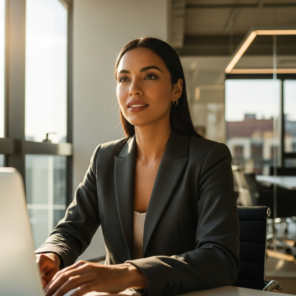 professional Latin American woman at a laptop in a bright modern office, confident and focused, warm natural light, editorial portrait style