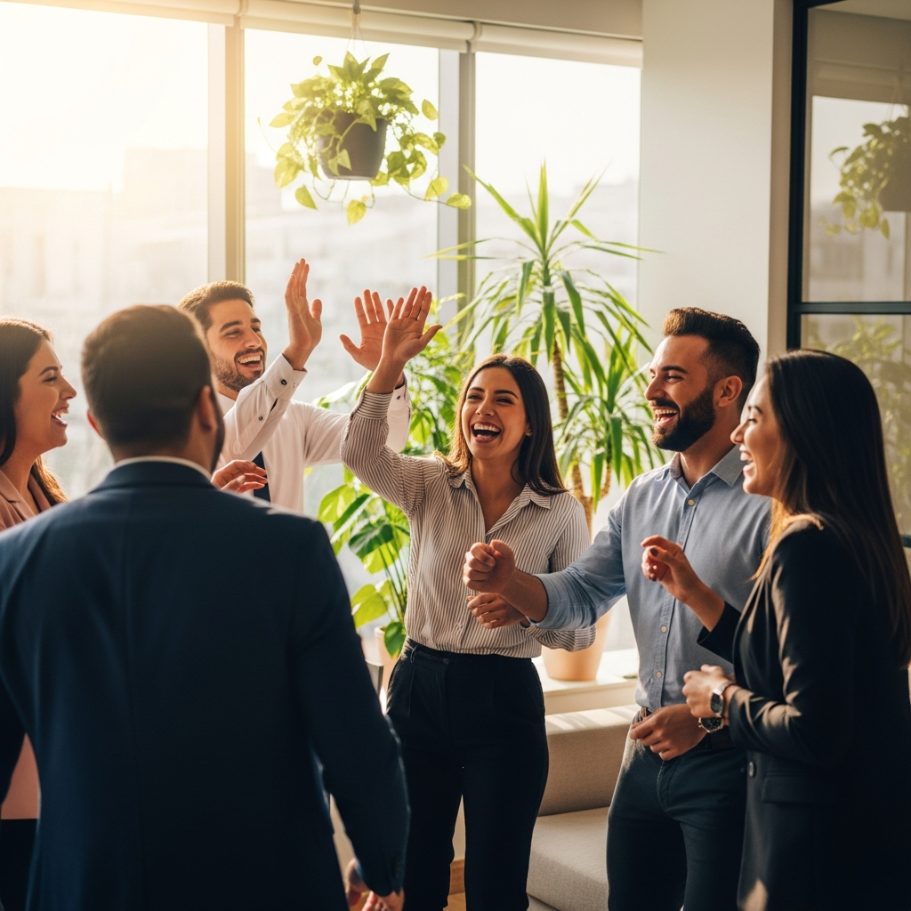 Latin American employees celebrating a team milestone in their office, colleagues laughing and high-fiving, warm modern office with plants, joyful candid moment, natural light, editorial photography