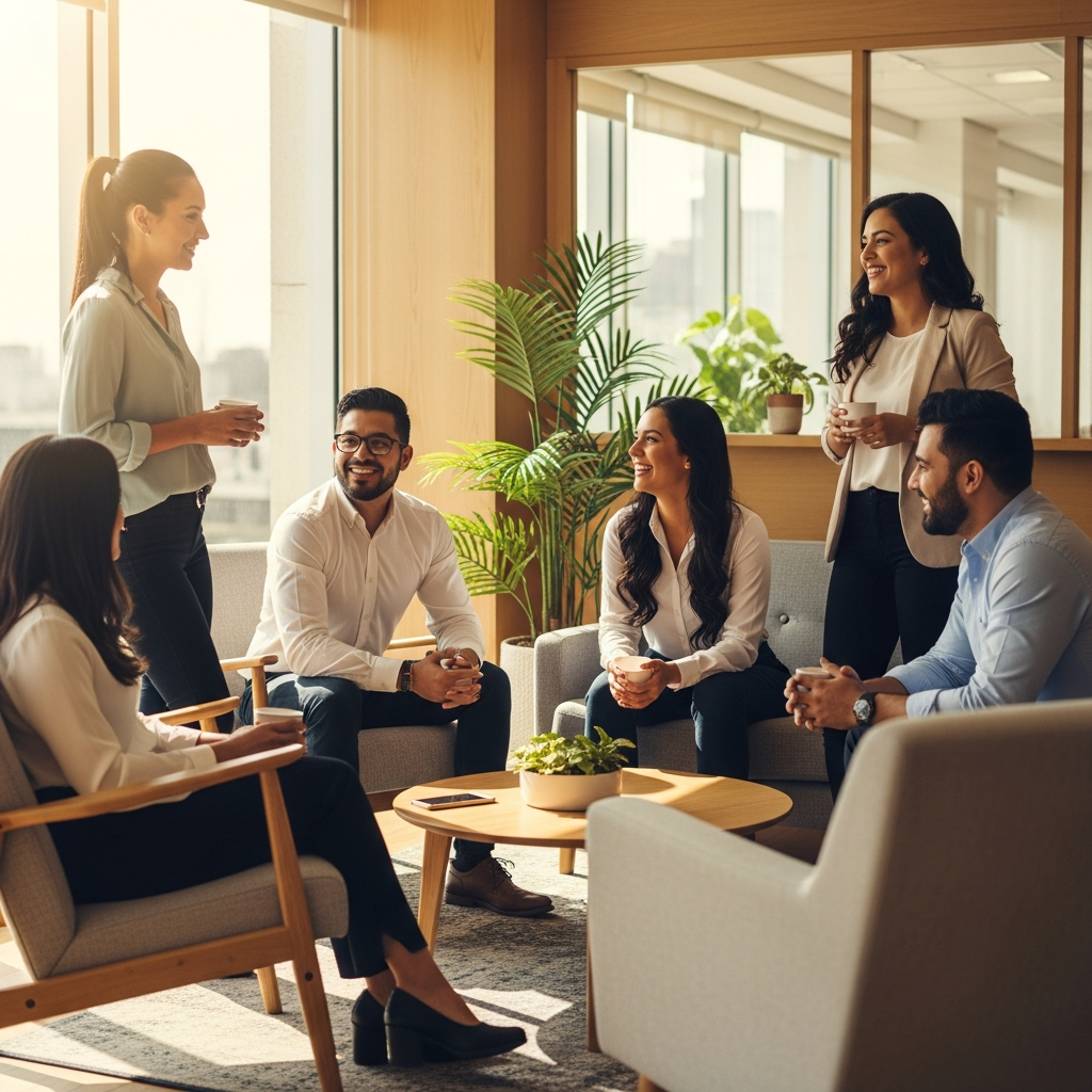 diverse Latin American professionals gathered in a warm modern office common area, candid moment of community and connection, smiling, natural window light, editorial documentary style, warm tones