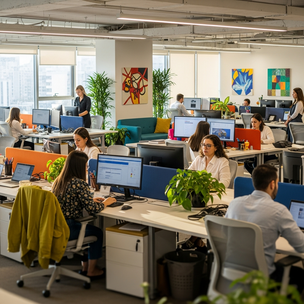 ISA office in Latin America, bright and modern open-plan workspace, professionals working at desks, plants and natural light, warm inviting community atmosphere, editorial photography