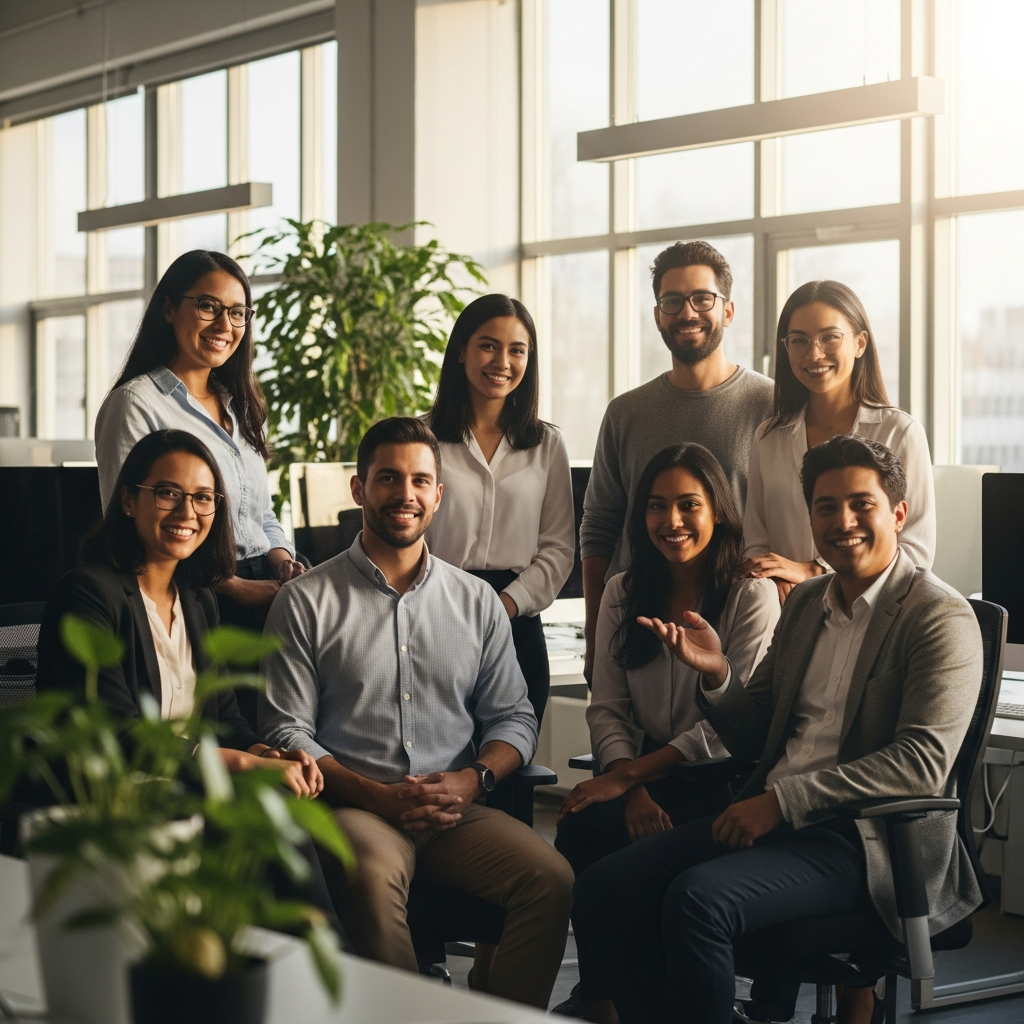 professional Latin American team in a bright modern office, confident and welcoming expressions, warm editorial light, diverse group, documentary photography style
