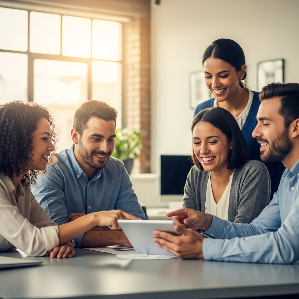 confident Latin American professional team in a modern bright office, group of four people smiling and collaborating, warm editorial light, optimistic energy, professional documentary style