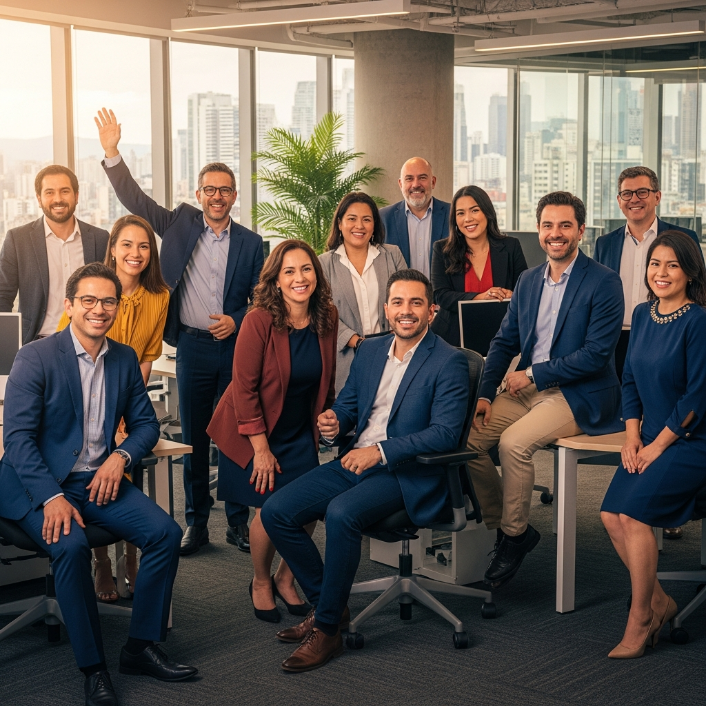 confident diverse professional team in a modern Latin American office, energetic group shot, warm editorial light, optimistic atmosphere