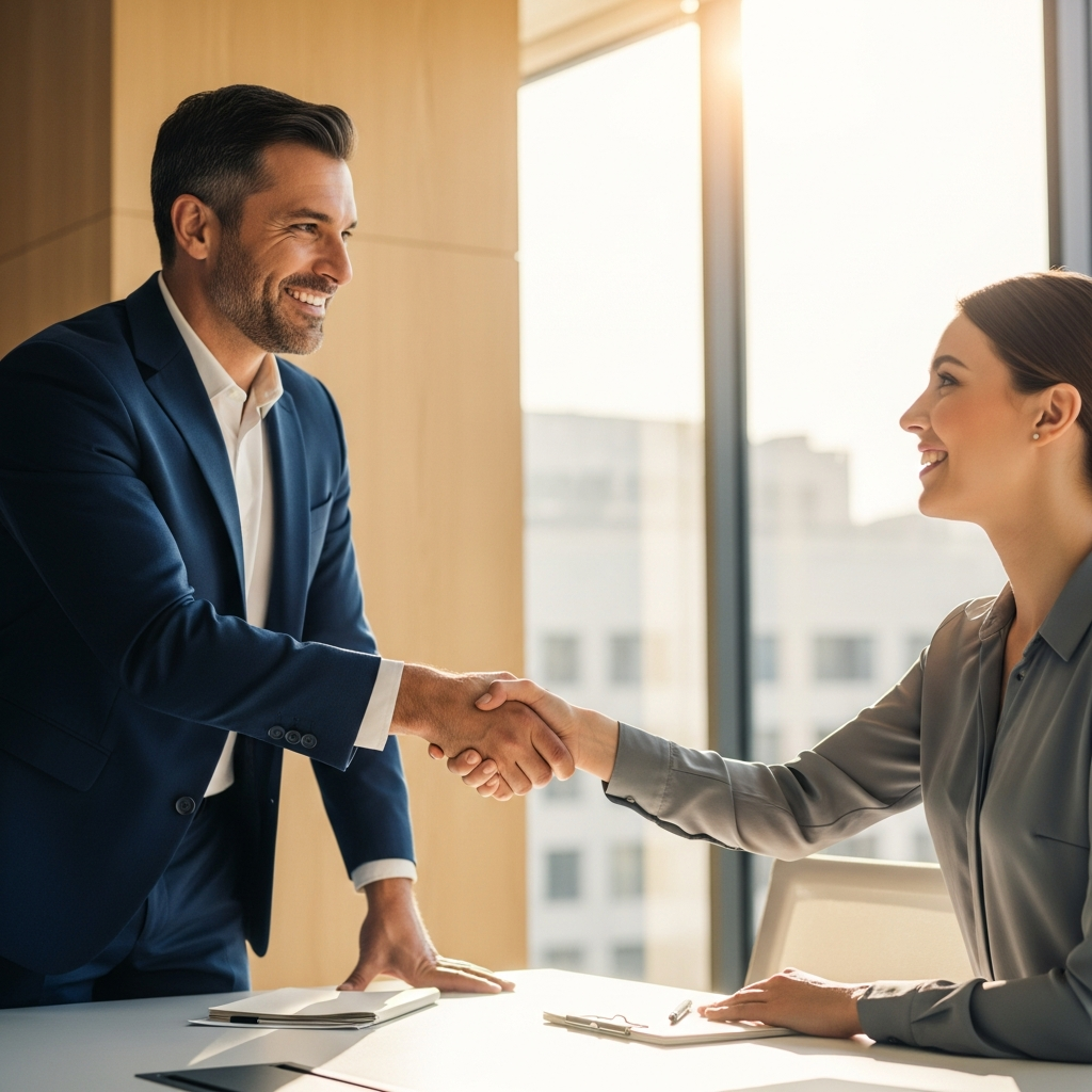 friendly professional consultation meeting between a US business owner and a talent advisor, modern bright conference room, warm handshake moment, editorial documentary photography, professional and approachable