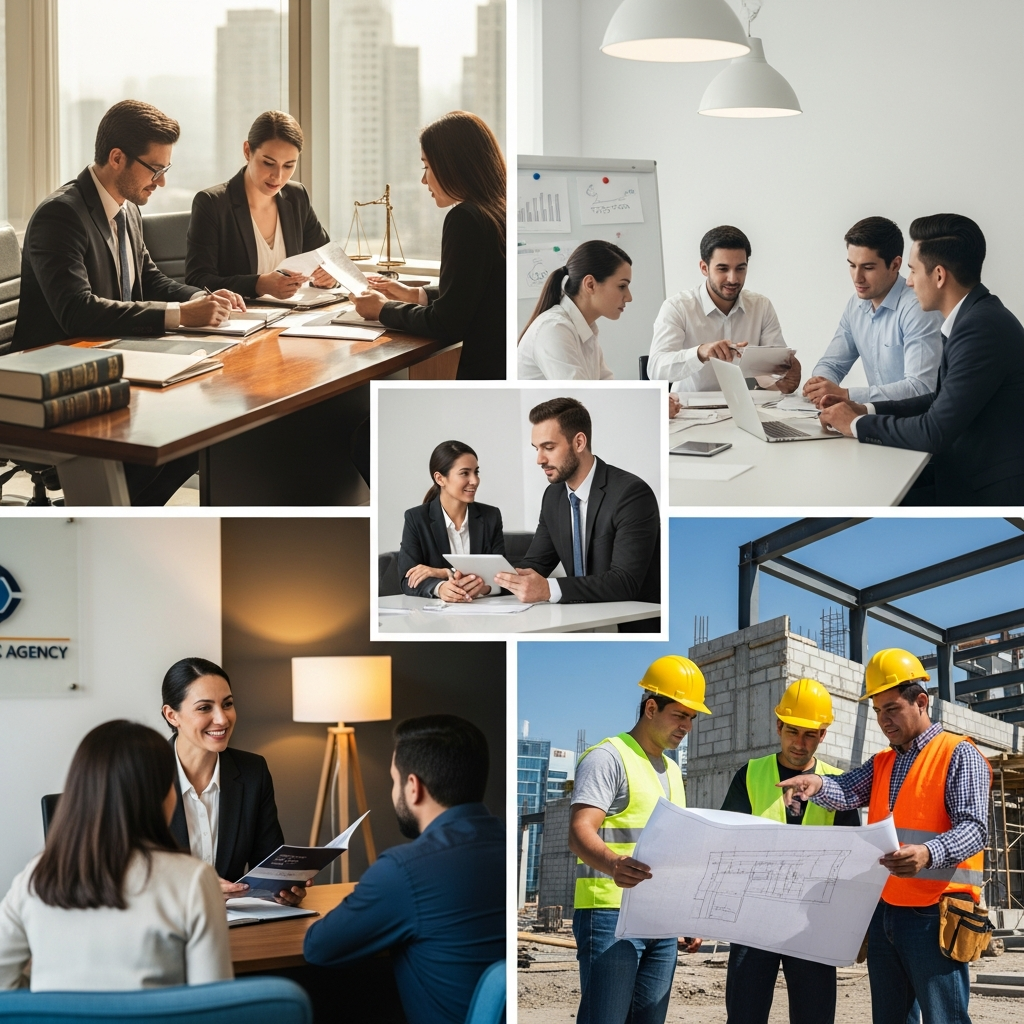 collage-style editorial image of four professional environments: law office, accounting firm, insurance agency, construction site — Latin American professionals working in each, warm modern lighting, documentary style