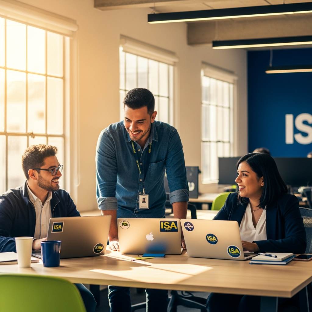 Latin American professionals collaborating in a bright modern open-plan office, warm natural window light, diverse team of three people at a shared desk with laptops, candid documentary style, ISA brand navy and lime color tones, high quality editorial photography