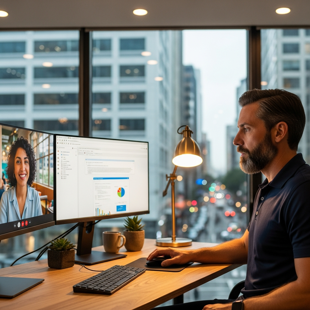 US business owner and Latin American remote team member collaborating on a video call, dual-screen setup showing both locations, warm professional light, modern offices, editorial documentary style