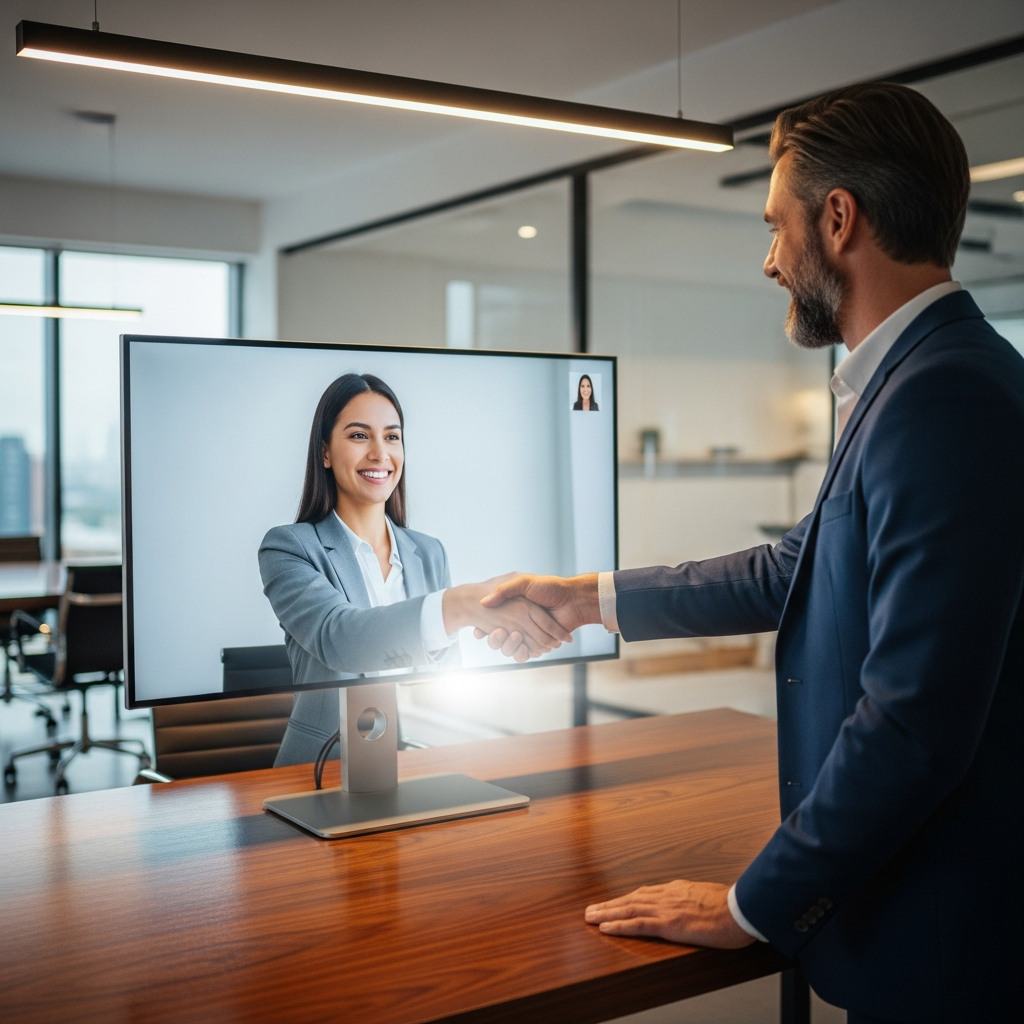 business owner shaking hands with a new Latin American team member via video screen, warm celebratory moment, modern office, editorial documentary style, professional