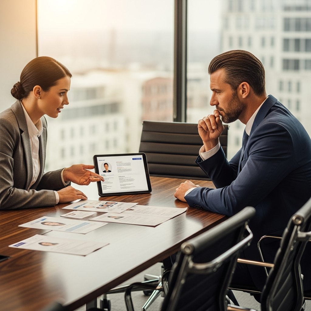 talent recruiter reviewing candidate profiles with a business owner across a modern conference table, professional consultation atmosphere, warm light, editorial style