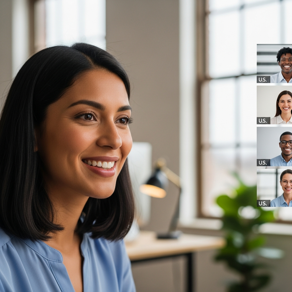 Latin American professional woman on a video call with US colleagues, smiling confidently, modern bright office background, warm professional light, documentary editorial style