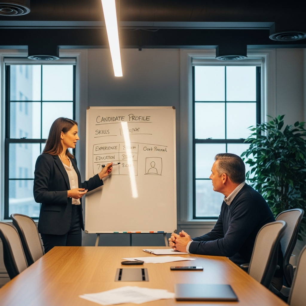 talent strategist presenting a candidate profile on a whiteboard to a small business owner, modern office meeting room, warm professional light, editorial documentary style