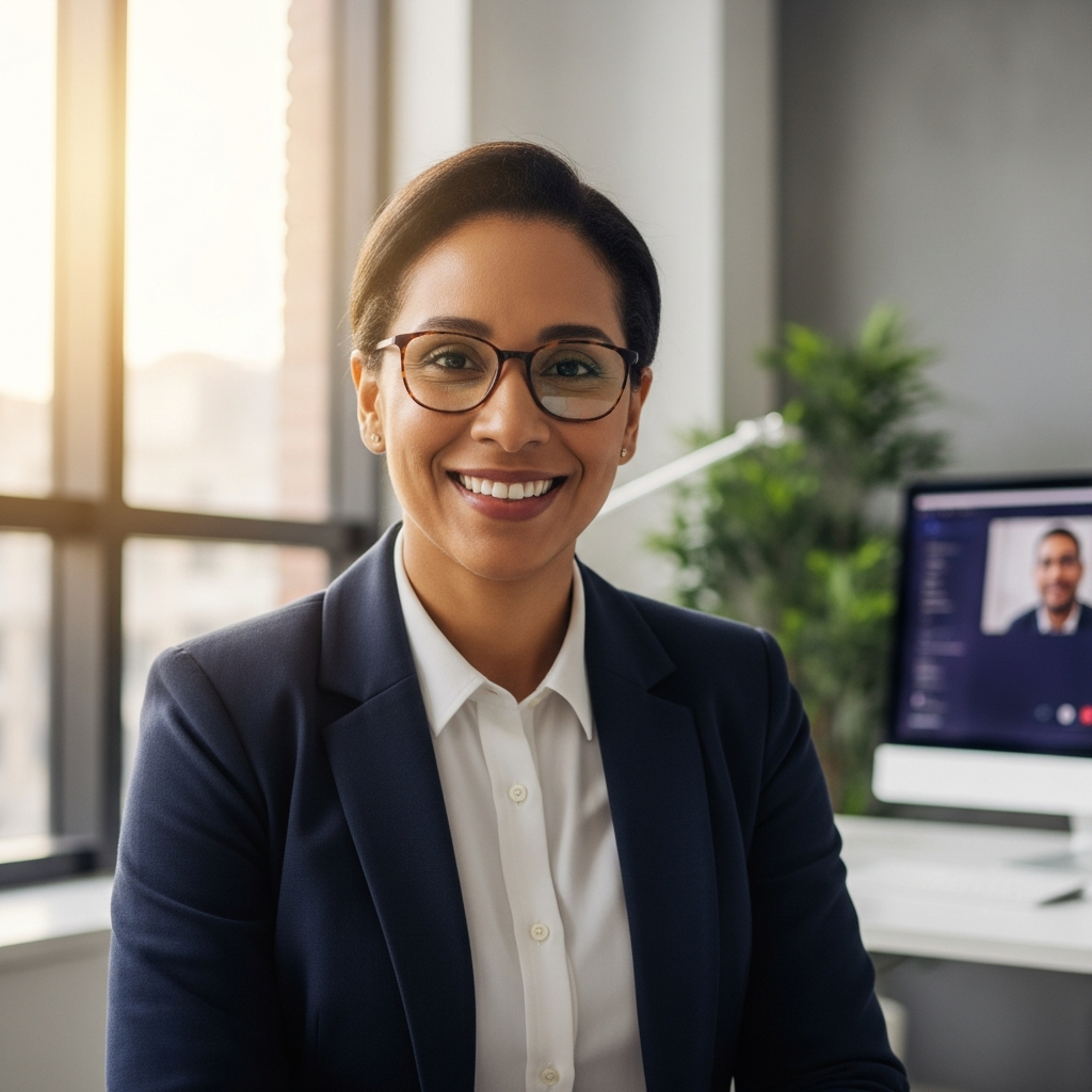 Latin American professional smiling warmly on a video call, modern office background, friendly and confident, editorial portrait style, warm natural light