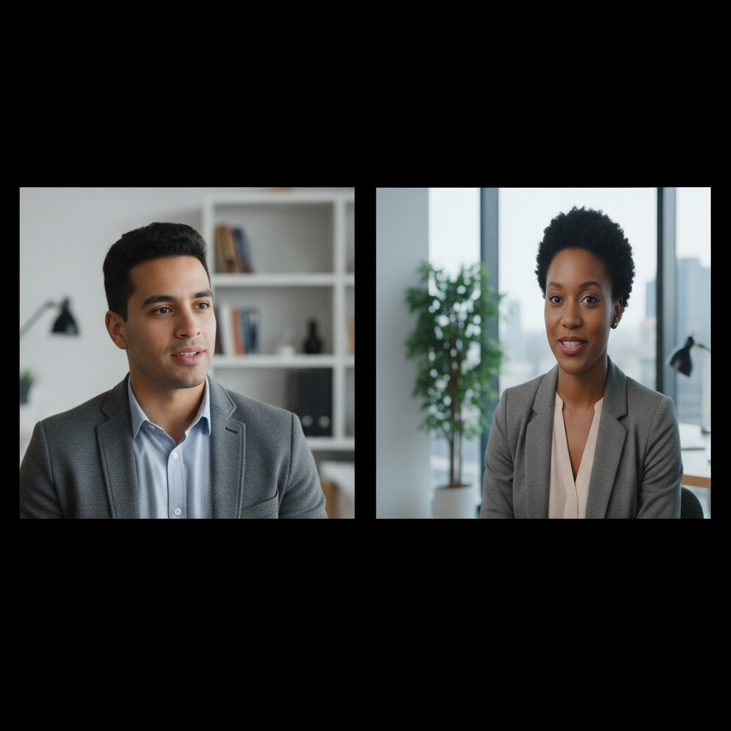 recruiter conducting a professional video interview with a Latin American candidate, both professional, modern offices, dual-screen composition, editorial documentary photography
